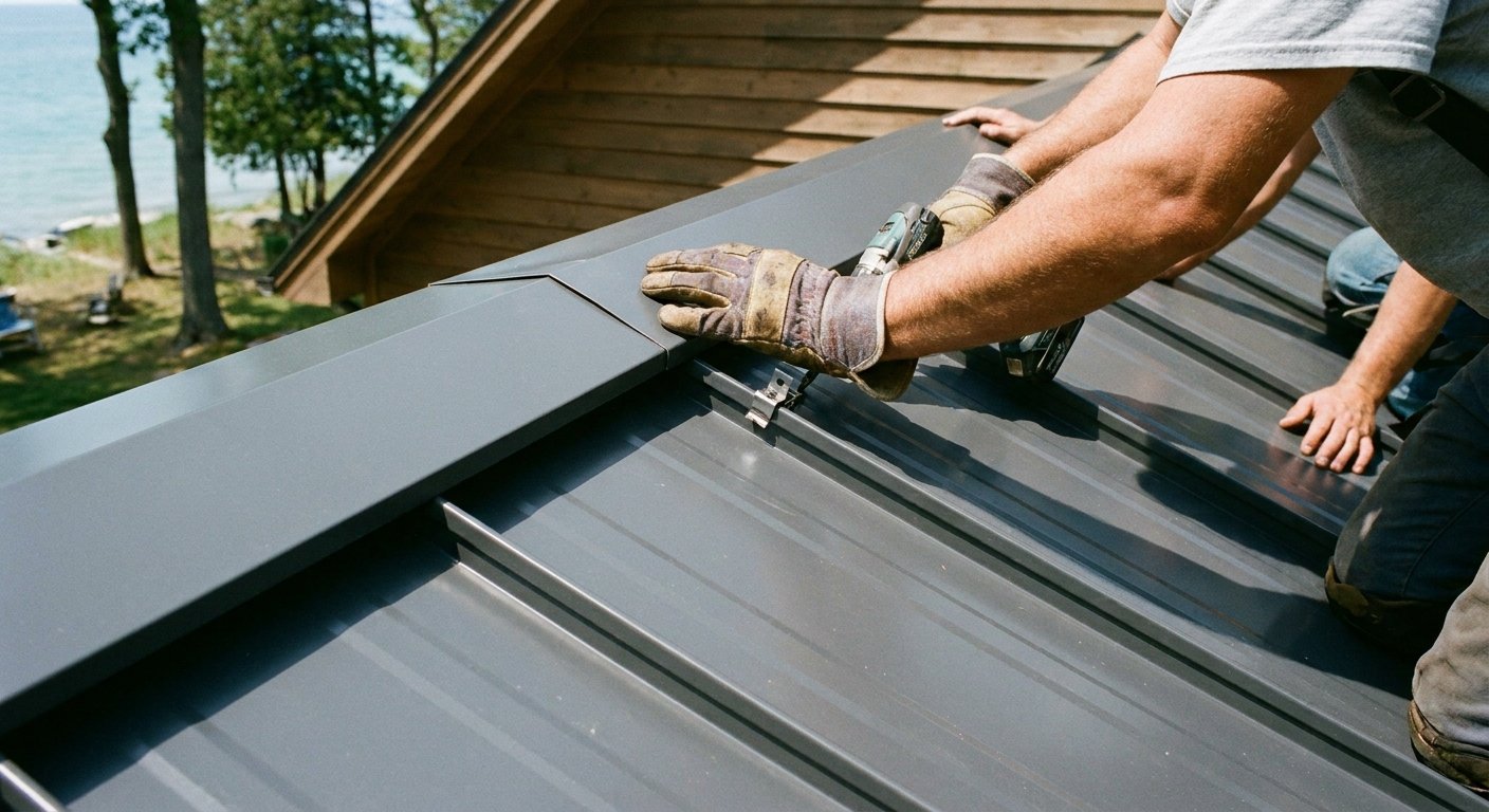 Close-up of Johnson's Roofing crew installing a standing-seam metal roof in Michigan